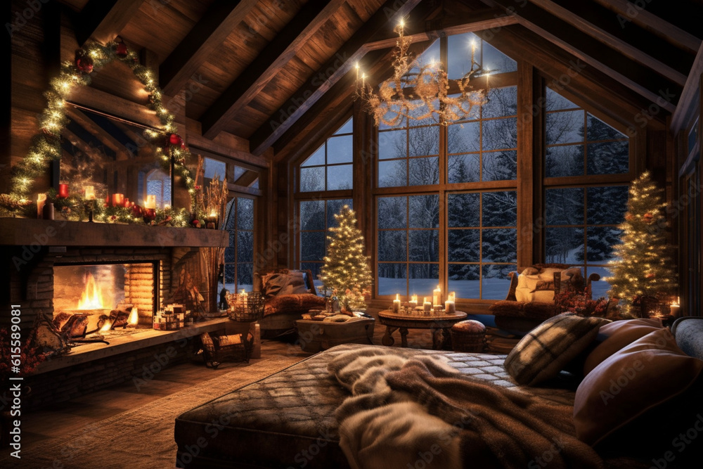 Stylish living room decorated for Christmas with fireplace at night Stylish living room decorated for Christmas with fireplace at night