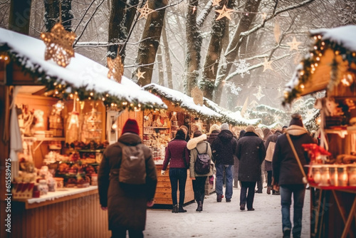 Wooden market houses on Christmas fair in Europe