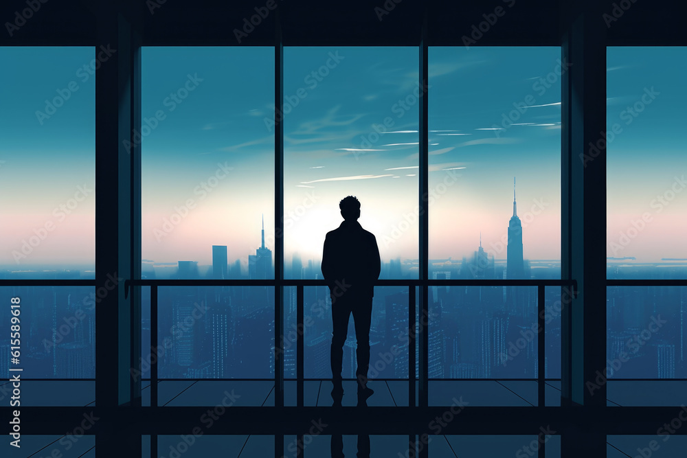 man standing by a window with a city view. Great for travel and lifestyle-related projects. Generative AI Technology. man standing by a window with a city view. Great for travel and lifestyle-related projects. Generative AI Technology.