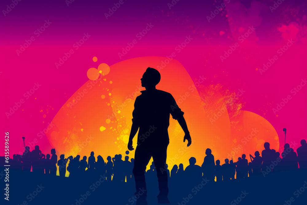 Silhouette of a boy standing out from a crowd, emphasizing the idea of individuality and uniqueness. The contrast between the dark foreground and the illuminated background. Generative AI Technology. Silhouette of a boy standing out from a crowd, emphasizing the idea of individuality and uniqueness. The contrast between the dark foreground and the illuminated background. Generative AI Technology.