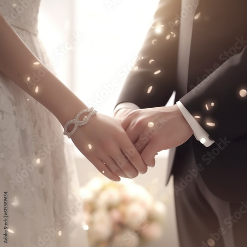 Las manos de una pareja de novios en su día de bodas. Generado por IA