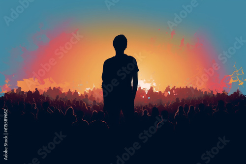 Silhouette of a boy standing out from a crowd, emphasizing the idea of individuality and uniqueness. The contrast between the dark foreground and the illuminated background. Generative AI Technology.