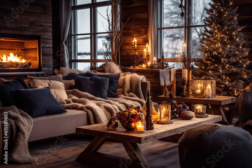 Stylish living room decorated for Christmas with fireplace at night