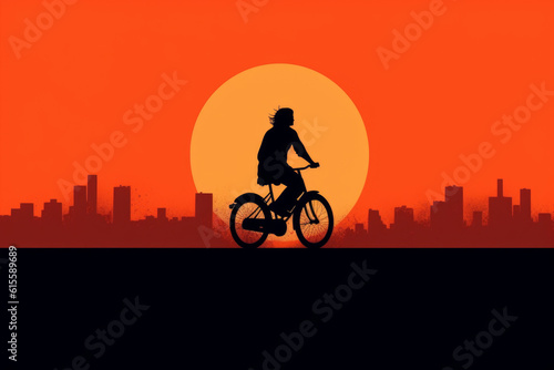 A girl on a bike rides into the sunset against a beautiful natural landscape. Generative AI Technology. © vefimov