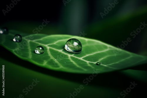 Green leaf with water drops in the forest in the morning. dewy green leaf in a natural setting, perfect for environmental and nature-inspired designs. Generative AI Technology.