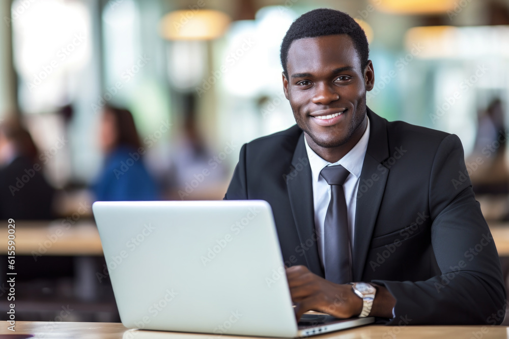Black professional working on a laptop in an office setting, dressed in formal attire. The focus and expertise on the man's face, coupled with the clean and modern. Generative AI Technology. Black professional working on a laptop in an office setting, dressed in formal attire. The focus and expertise on the man's face, coupled with the clean and modern. Generative AI Technology.