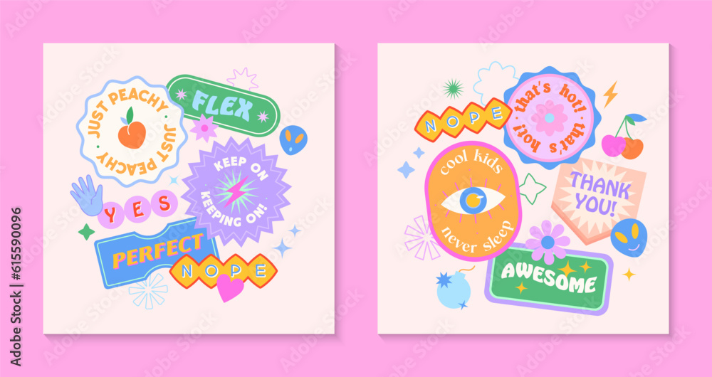 Vector set of cute templates with patches and stickers in 90s style.Modern symbols in y2k aesthetic with text.Trendy funky designs for banners,social media marketing,branding,packaging,covers Vector set of cute templates with patches and stickers in 90s style.Modern symbols in y2k aesthetic with text.Trendy funky designs for banners,social media marketing,branding,packaging,covers