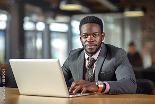 Black professional working on a laptop in an office setting, dressed in formal attire. The focus and expertise on the man's face, coupled with the clean and modern. Generative AI Technology. © vefimov