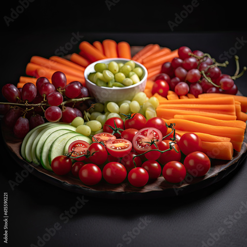 fruit and vegetables on a plate with grapes  tomatoes  carrots  cucumons  cee  and other fruits