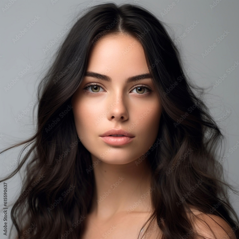 Illustration, Generative AI. A young beautiful woman with dark loose hair and natural makeup on a gray background. Illustration, Generative AI. A young beautiful woman with dark loose hair and natural makeup on a gray background.