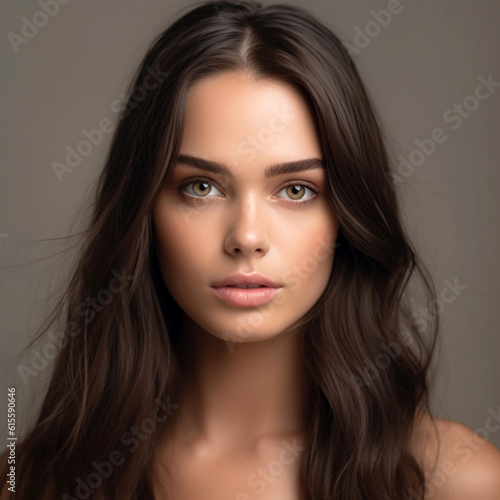 Illustration, Generative AI. A young beautiful woman with dark loose hair and natural makeup on a gray background.