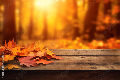 Beautiful autumn landscape with Colorful foliage in the park. Falling leaves on a wooden desk natural background. High quality photo