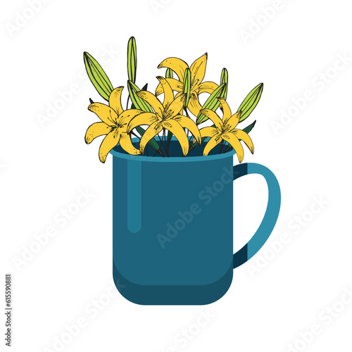 Wallpaper Mural Vector illustration. Blooming yellow lily, made in the style of hand drawing in a blue mug in a flat style. Buds, flowers, flora. Illustration in a combination of two styles. Torontodigital.ca