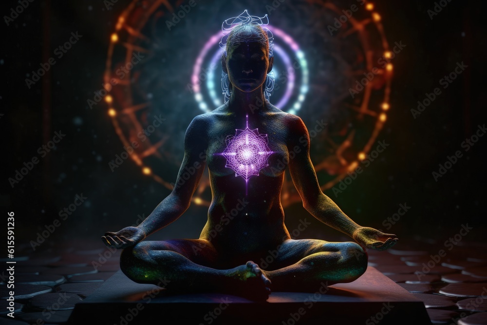 Pacifying spirituality Concept of meditation and spiritual practice, expanding of consciousness, chakras and astral body activation, mystical inspiration image, chakra human. - obrazy, fototapety, plakaty 