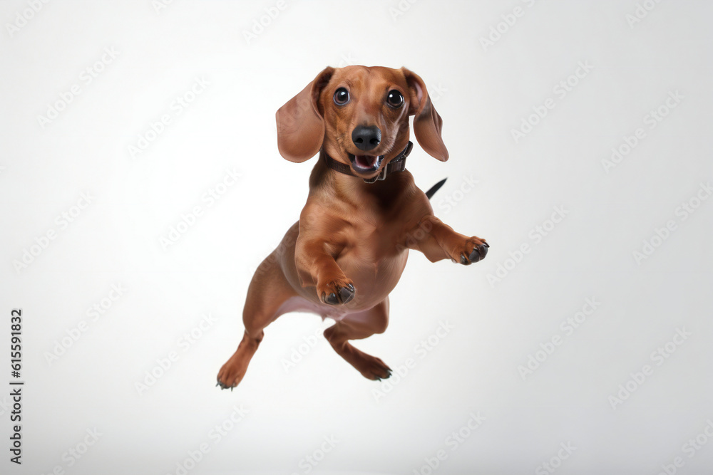 Happy Dachshund dog jumping on white background. Generative AI