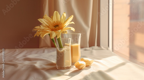 a yellow flower in a glass with milk and lemons on the table next to it is a vase full of orange flowers