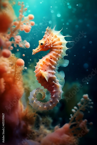 Seahorse under the water near a coral reef. Underwater world idea. Generated by artificial intelligence. Wildlife in the ocean. Natural environment background. © jbuinac