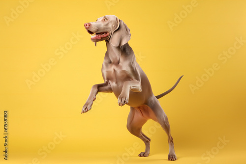 Happy Weimaraner dog jumping on yellow background. Generative AI
