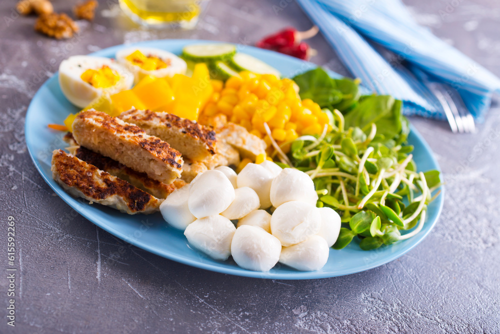breakfast with eggs, mozzarella and corn breakfast with eggs, mozzarella and corn
