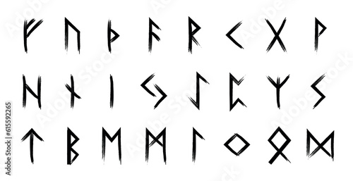 Hand drawn runic alphabet called the Elder Futhark.