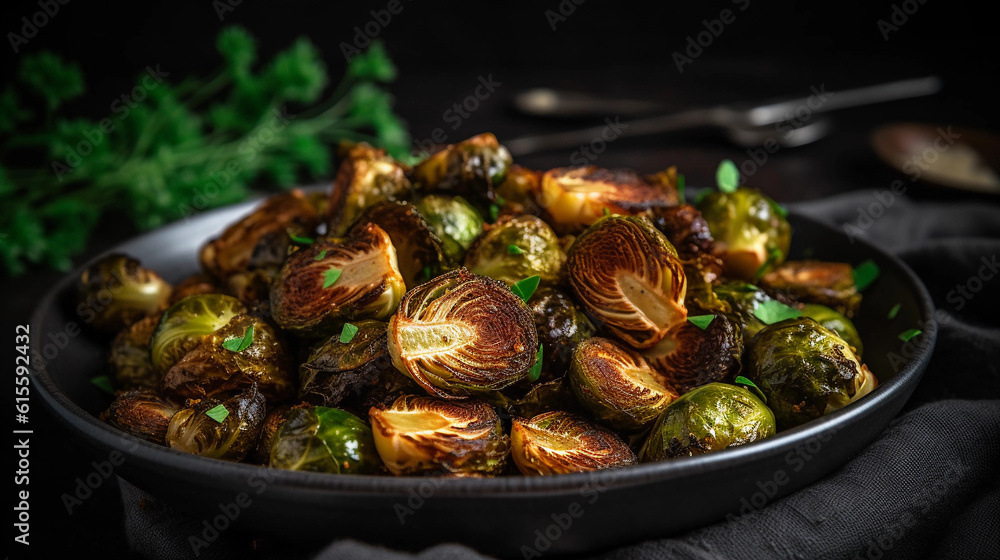 A plate of crispy and flavorful roasted Brussels sprouts, seasoned with herbs and spices A plate of crispy and flavorful roasted Brussels sprouts, seasoned with herbs and spices