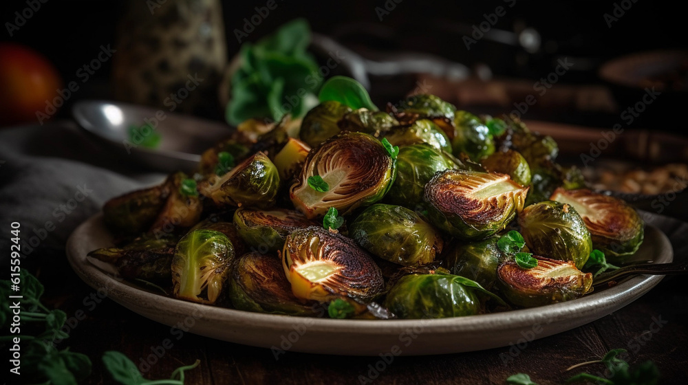 A plate of crispy and flavorful roasted Brussels sprouts, seasoned with herbs and spices A plate of crispy and flavorful roasted Brussels sprouts, seasoned with herbs and spices