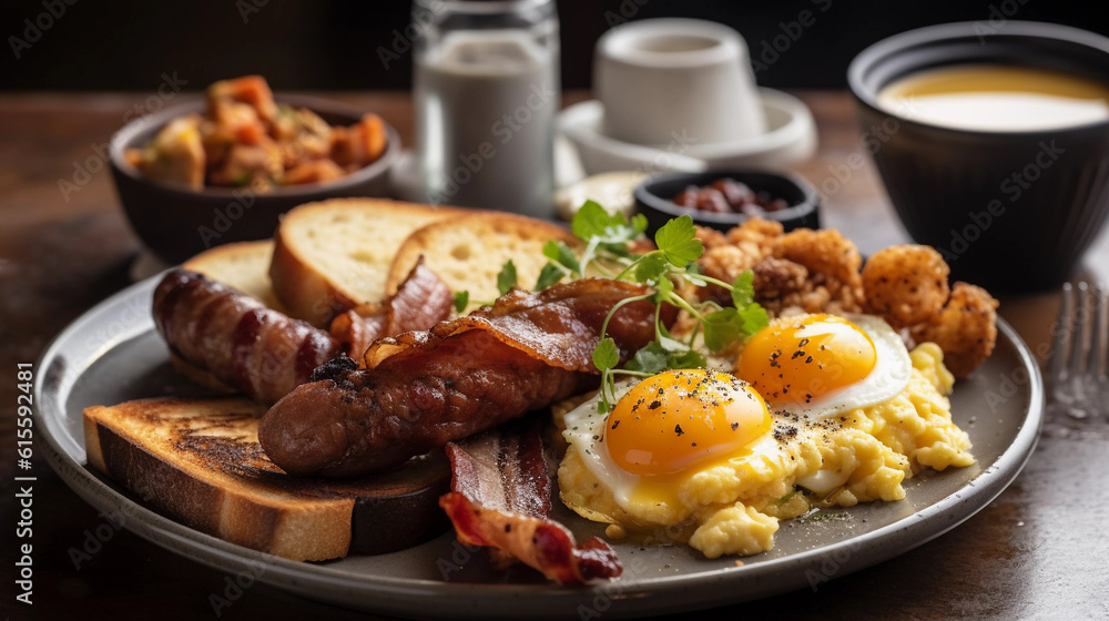 A beautifully plated brunch dish with scrambled eggs, bacon, sausages and toasted bread A beautifully plated brunch dish with scrambled eggs, bacon, sausages and toasted bread