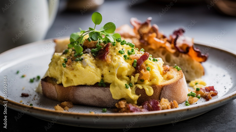 A beautifully plated brunch dish with scrambled eggs, bacon, sausages and toasted bread