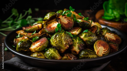 A plate of crispy and flavorful roasted Brussels sprouts, seasoned with herbs and spices