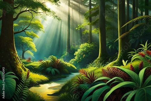 Dancing Sunbeams: Captivating AI-Created Jungle Landscapes