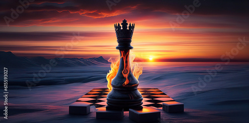 Queen Chess piece with sunset snow panaromic background photo