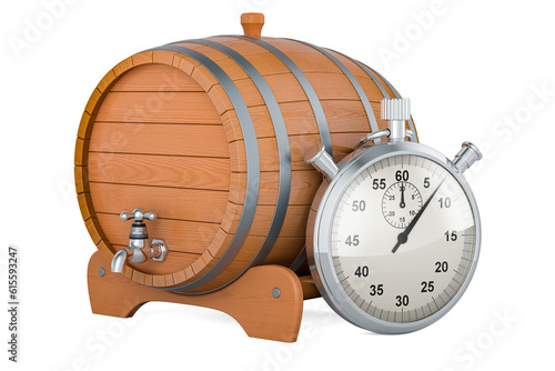 Wooden barrel with valve and stand with stopwatch, 3D rendering