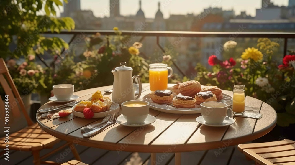 Breakfast table with cappuccino and pancakes, beautiful sunny scene. Created with Generative Ai technology.