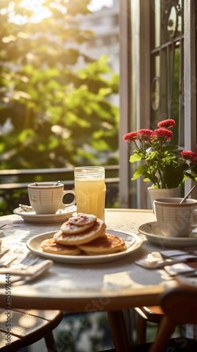 Breakfast table with cappuccino and pancakes, beautiful sunny scene. Created with Generative Ai technology.