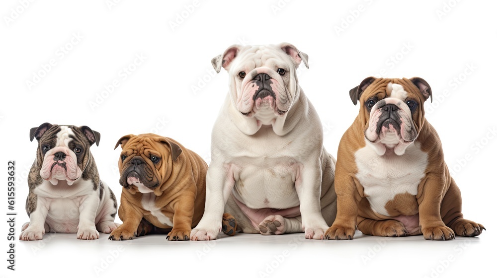 English Bulldog Dog Family. Dogs Sitting in a Group on White Background English Bulldog Dog Family. Dogs Sitting in a Group on White Background