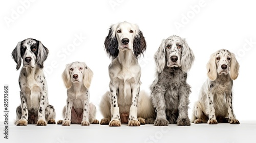English Setter Dog Family. Dogs Sitting in a Group on White Background