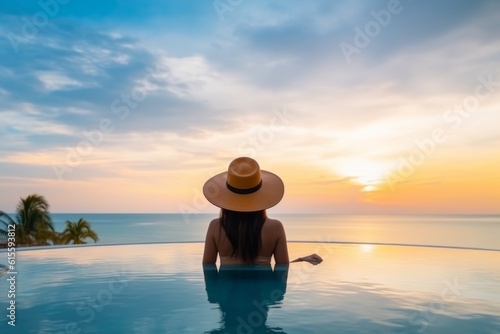 Back view of young adult women enjoy relax in infinity edge luxury outdoor swimming pool. Look beautiful panorama in warm summer sunset light. Concept wellness travel. Generative AI © bluebeat76