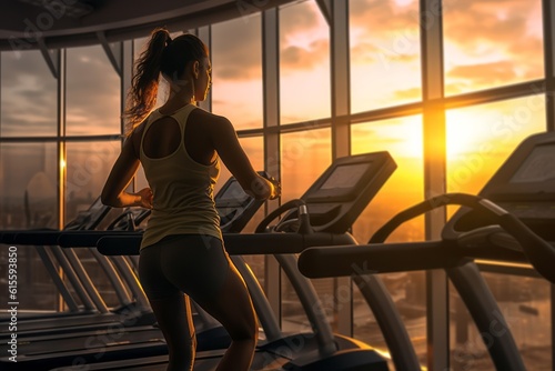 Woman running on a treadmill at gym with sunset in background. Generative AI