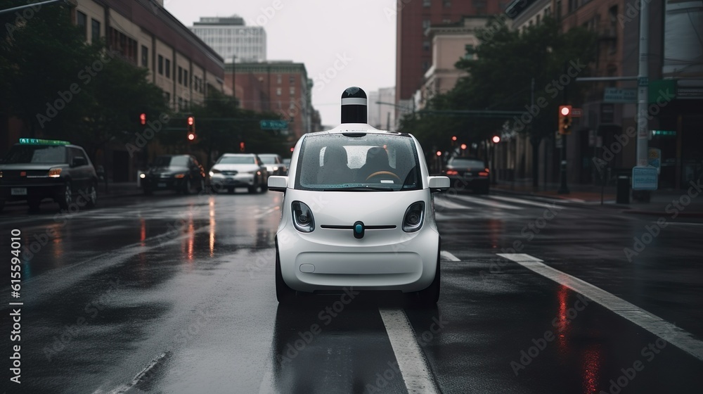 Self-driving car. Software sensor on the roof of the car scans the road. Generative Ai technology.