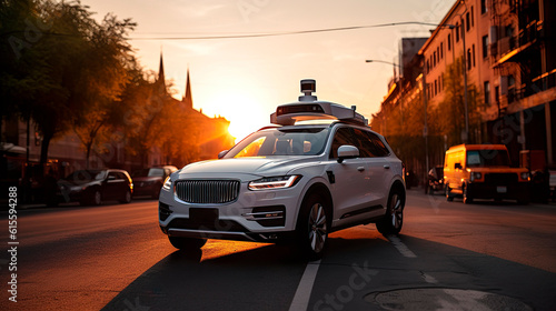 Self-driving car. Software sensor on the roof of the car scans the road. Generative Ai technology.