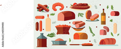 Meat sausages. Sausages assortment vector illustration set. Food, meat dish.