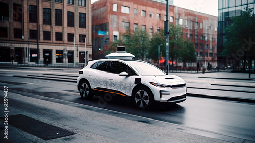 Self-driving car. Electric vehicle with self-driving autonomous technology. Generative Ai technology. © Irina