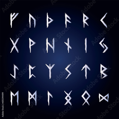 Hand drawn runic alphabet called the Elder Futhark.