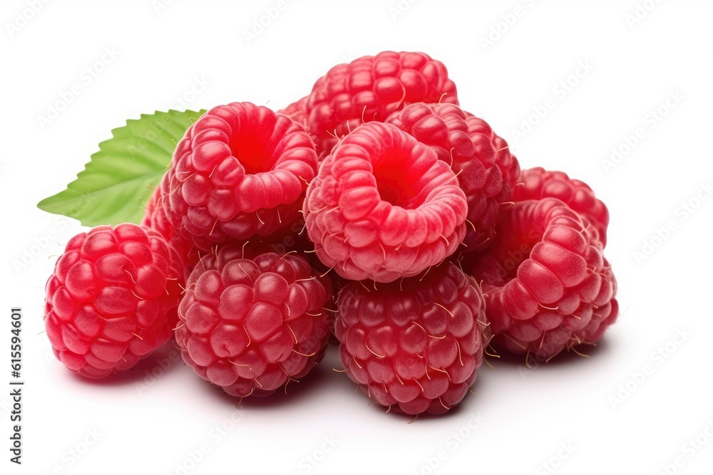 Illustration of fresh raspberries with leaves isolated on a white background created with Generative AI technology Illustration of fresh raspberries with leaves isolated on a white background created with Generative AI technology