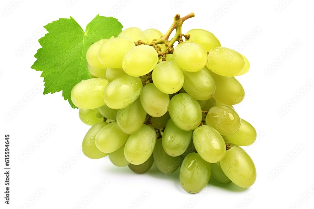 Illustration of fresh green grapes with a leaf isolated on a white background created with Generative AI technology Illustration of fresh green grapes with a leaf isolated on a white background created with Generative AI technology