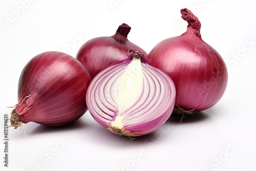 Illustration of four onions, three of them grouped together and one standing alone, isolated on a white background created with Generative AI technology