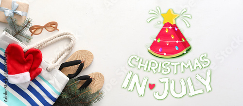 Banner with text CHRISTMAS IN JULY, beach accessories and Santa mittens