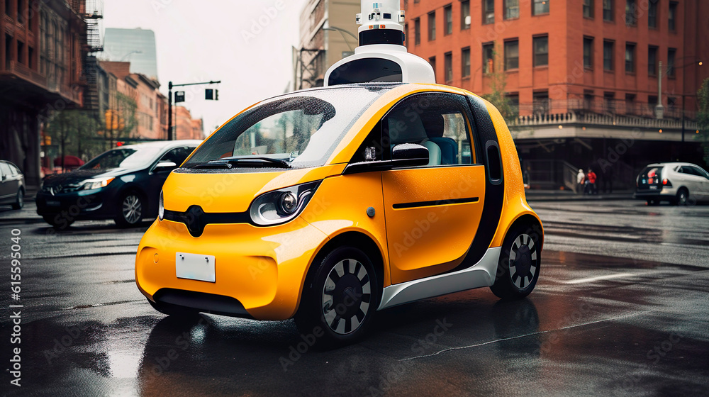 Self-driving yellow taxi. Software sensor on the roof of the car scans the road. Generative Ai technology.