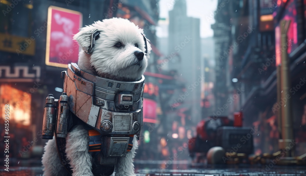 Portrait of cute dog dressed in a robotic battle suit, navigating the tumultuous streets of a chaotic cityscape. Based on Generative Ai. Portrait of cute dog dressed in a robotic battle suit, navigating the tumultuous streets of a chaotic cityscape. Based on Generative Ai.