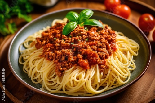 spaghetti with tomato sauce. Generative AI.
